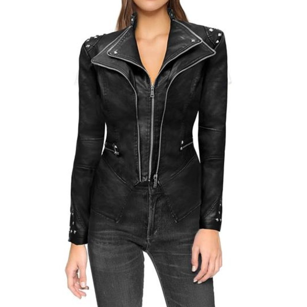 Black Studded Swallow Tail Faux Leather Jacket Bodycon Asymmetric Biker‎ Jacket